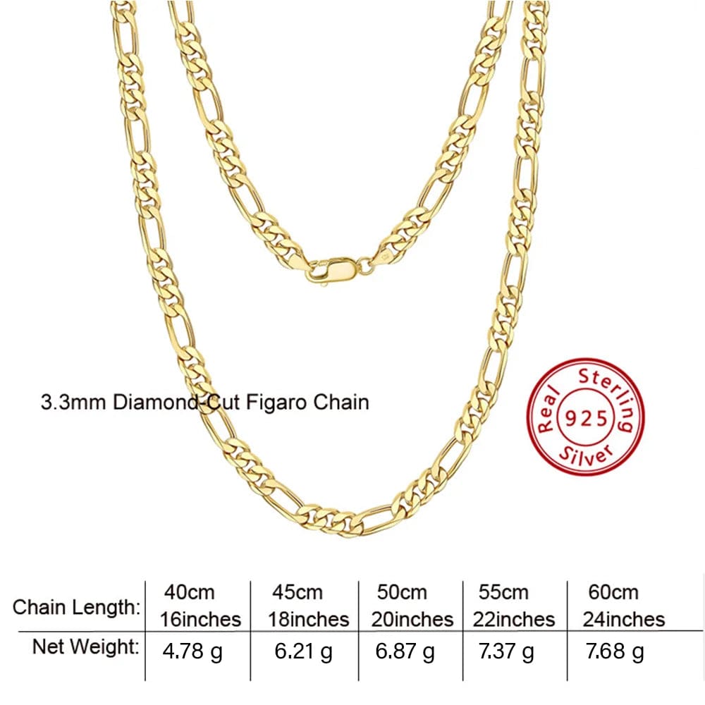 16inches / SC34-18K-3.3 RINNTIN SC34 Fine Jewelry 925 Sterling Silver Diamond-Cut Figaro Chain Necklace For Men Women