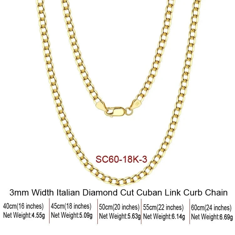 16inches / SC60-18K-3 RINNTIN SC60 925 Sterling Silver Italian Diamond Cut Cuban Link Curb Chain Necklace For Women Men Fine Jewelry