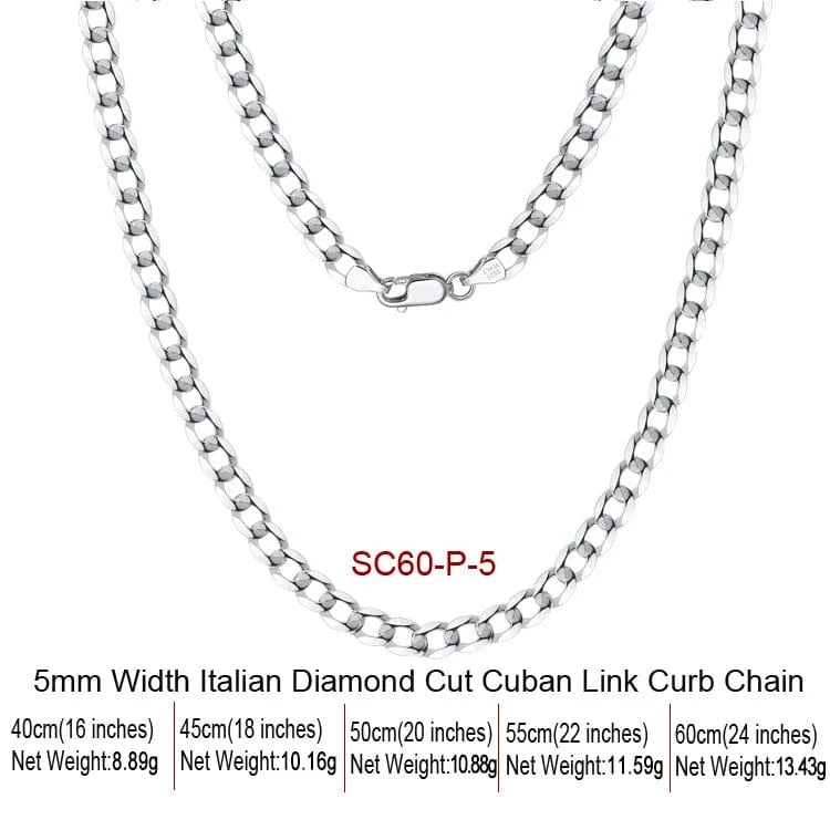 16inches / SC60-P-5 RINNTIN SC60 925 Sterling Silver Italian Diamond Cut Cuban Link Curb Chain Necklace For Women Men Fine Jewelry