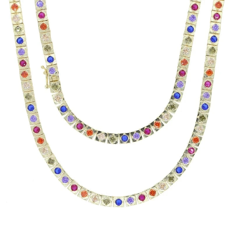 16inches / YN43-Gold Rainbow Colorful Round Diamond Square Tennis Necklace 5A Cubic Zirconia CZ 18K Gold Plated Fashion fine Design Jewelry