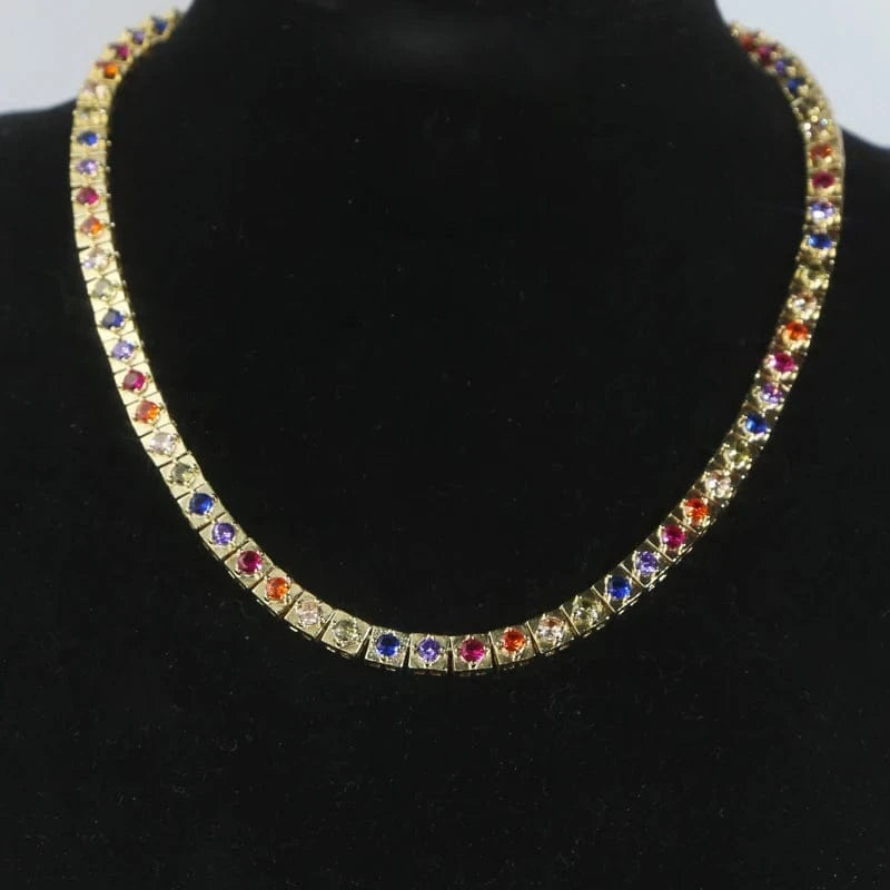 16inches / YN43-Gold Rainbow Colorful Round Diamond Square Tennis Necklace 5A Cubic Zirconia CZ 18K Gold Plated Fashion fine Design Jewelry