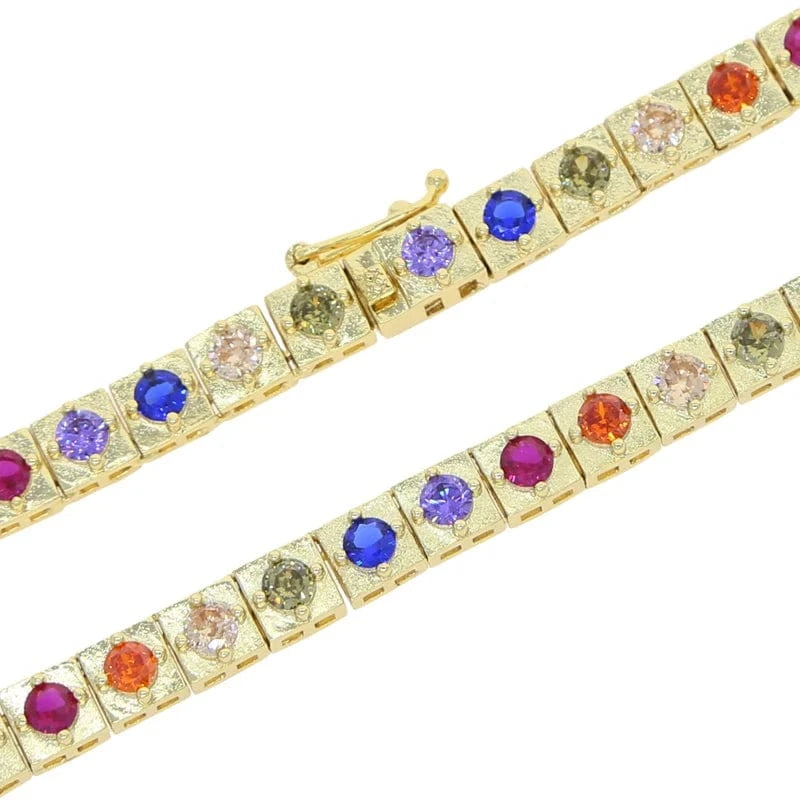 16inches / YN43-Gold Rainbow Colorful Round Diamond Square Tennis Necklace 5A Cubic Zirconia CZ 18K Gold Plated Fashion fine Design Jewelry