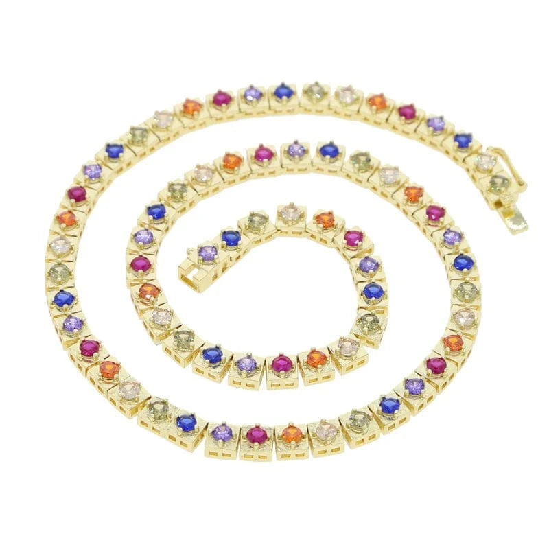 16inches / YN43-Gold Rainbow Colorful Round Diamond Square Tennis Necklace 5A Cubic Zirconia CZ 18K Gold Plated Fashion fine Design Jewelry