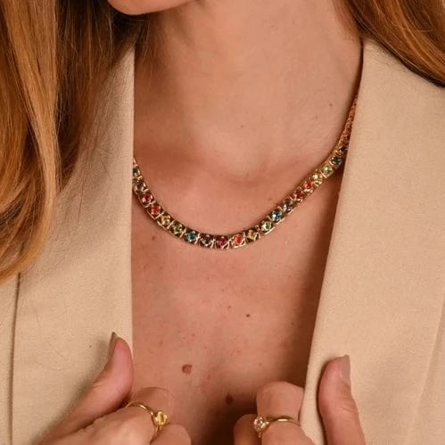 16inches / YN43-Gold Rainbow Colorful Round Diamond Square Tennis Necklace 5A Cubic Zirconia CZ 18K Gold Plated Fashion fine Design Jewelry