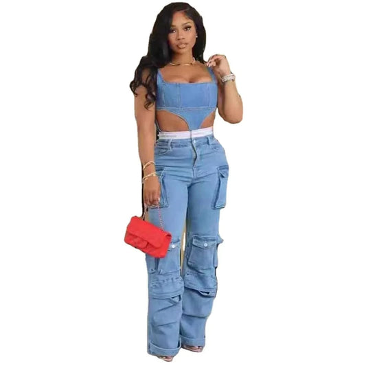 1753 Trendy Multi-pocket Quick Dry Casual Style Cargo Jeans Colored Washed Denim Zippers Mid-Waist Loose Cotton Polyester Shorts