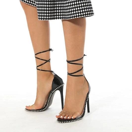 1760-7 DEleventh shoes transparent pvc heels lace up sandals ladies heel shoes super high custom circle pearl designer heels