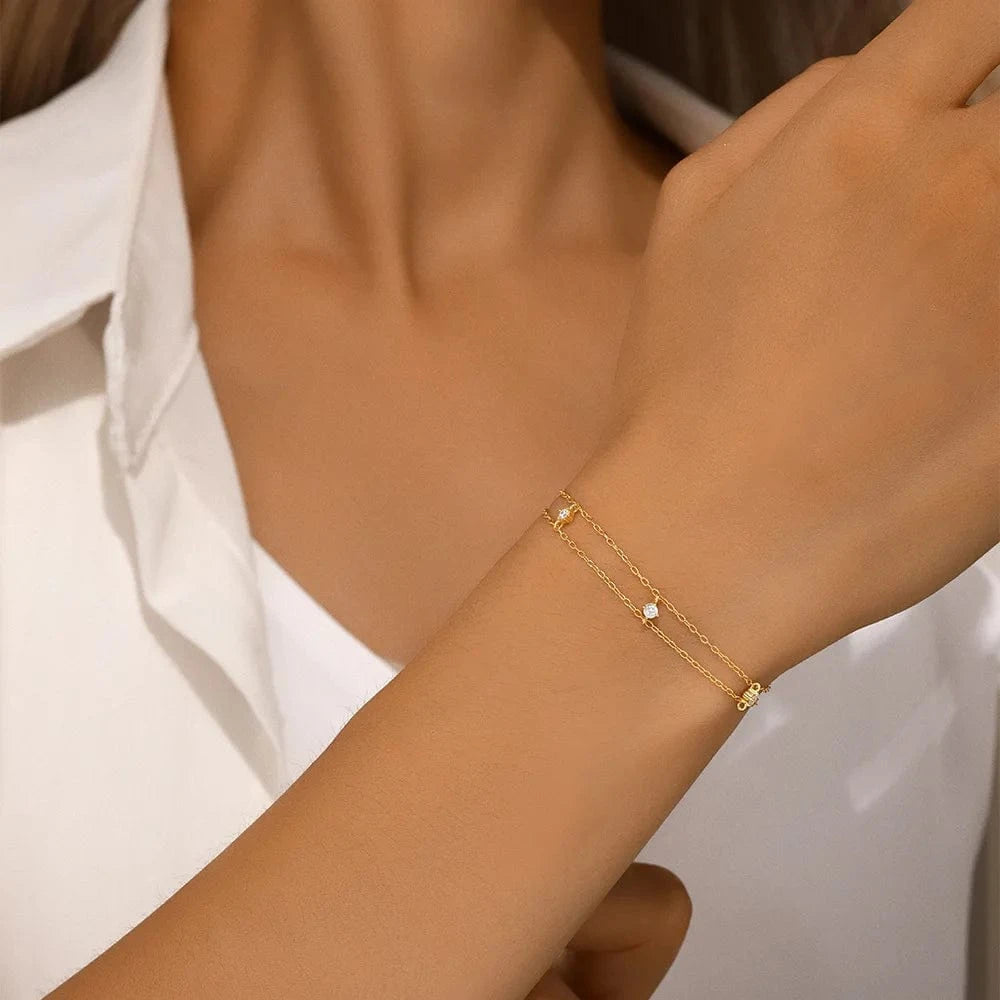 17cm+3cm / 60602711487C gold Fine jewelry 925 sterling silver double layer zircon chain bracelet for women 18K gold plated 925 silver bracelet hand jewelry