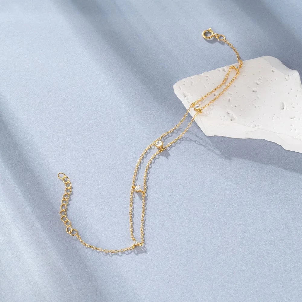 17cm+3cm / 60602711487C gold Fine jewelry 925 sterling silver double layer zircon chain bracelet for women 18K gold plated 925 silver bracelet hand jewelry