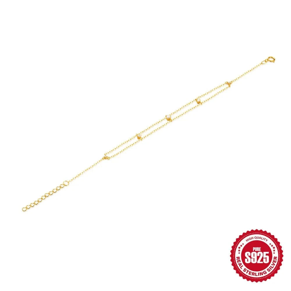 17cm+3cm / 60602711487C gold Fine jewelry 925 sterling silver double layer zircon chain bracelet for women 18K gold plated 925 silver bracelet hand jewelry