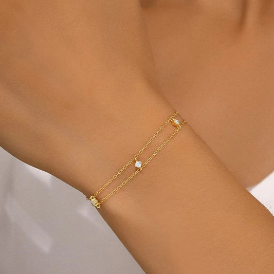 17cm+3cm / 60602711487C gold Fine jewelry 925 sterling silver double layer zircon chain bracelet for women 18K gold plated 925 silver bracelet hand jewelry