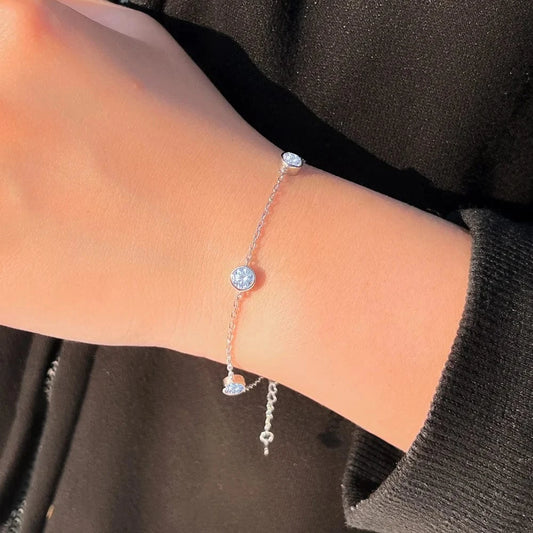17cm +3cm extension / SB023 Wholesale Price Bezel Setting CZ Zircon Bangle 9.25 Sterling Silver Fine Jewelry Plus Size Chain Charm Bracelet for Ladies