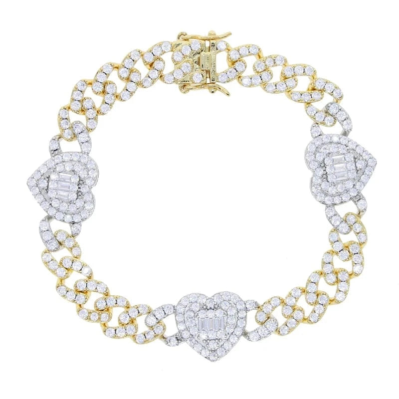 17cm / B037-Gold white 2024 New Arrived Valentine's Day Gift Full Paved Ice CZ Cuban Chain Heart Charm Bracelet For Women