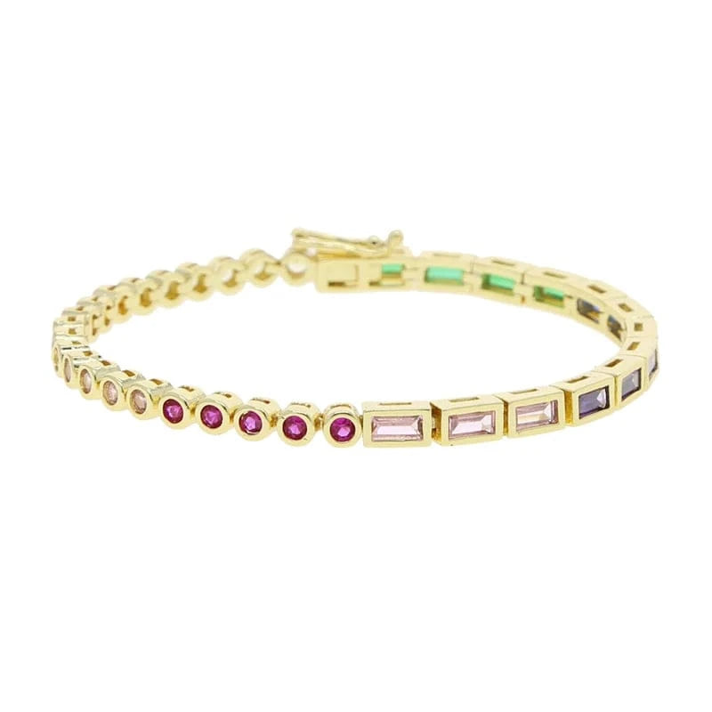 17cm / B394-Gold rainbow Bezel White Colorful Rainbow Small Half Round Half Rectangle Zirconia Stone Tennis Bracelet For Women Girl Fashion Jewelry