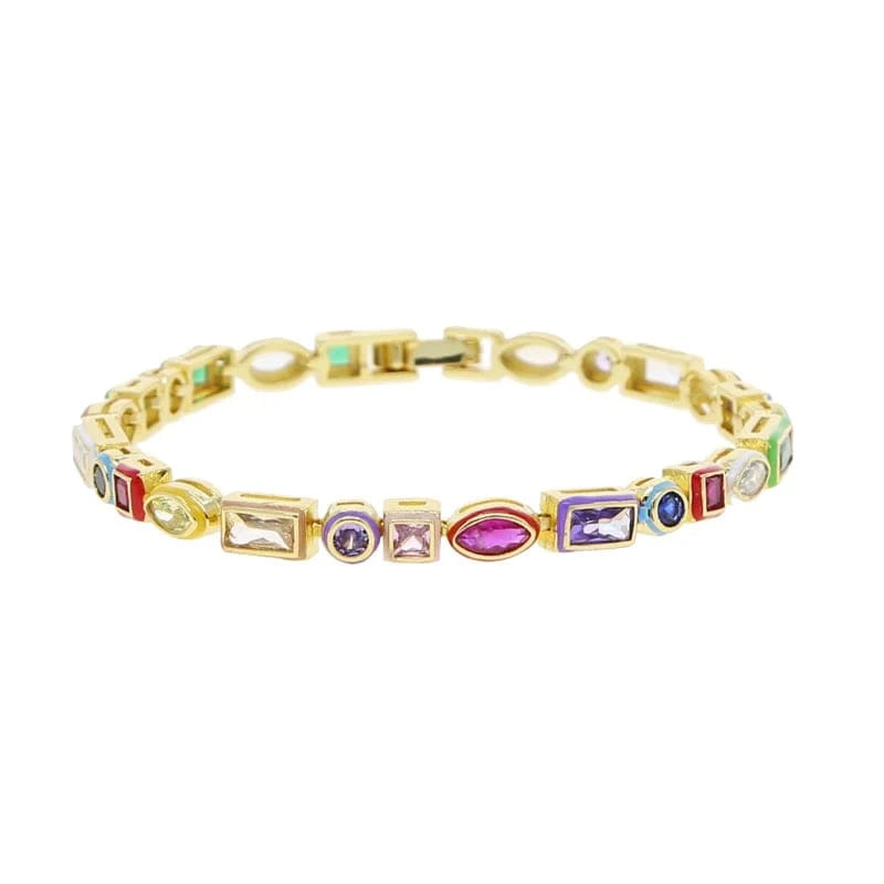 17cm / B402-Gold Geometric Multi Shape Colorful Enamel Crystal Diamond Bracelet 5A CZ Round Square Horse Eye Rectangle Rainbow Women Jewelry