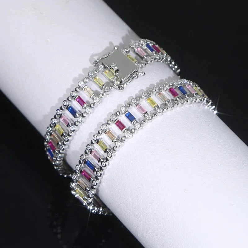 17cm / B403-silver Bling Silver Plated Colorful Rectangle Heart Tennis Chain Bracelet 5A Cubic Zirconia CZ Rainbow Fashion Women Jewelry