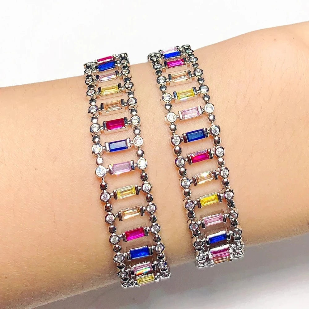 17cm / B403-silver Bling Silver Plated Colorful Rectangle Heart Tennis Chain Bracelet 5A Cubic Zirconia CZ Rainbow Fashion Women Jewelry