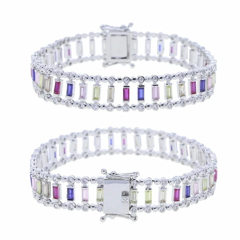 17cm / B403-silver Bling Silver Plated Colorful Rectangle Heart Tennis Chain Bracelet 5A Cubic Zirconia CZ Rainbow Fashion Women Jewelry