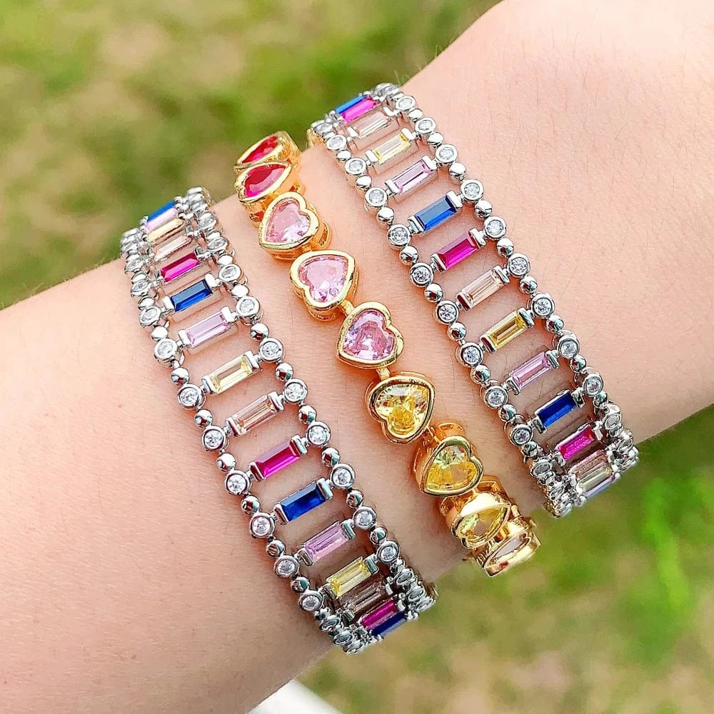 17cm / B403-silver Bling Silver Plated Colorful Rectangle Heart Tennis Chain Bracelet 5A Cubic Zirconia CZ Rainbow Fashion Women Jewelry