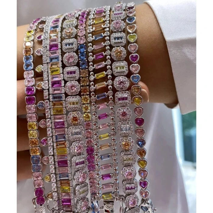 17cm / B403-silver Bling Silver Plated Colorful Rectangle Heart Tennis Chain Bracelet 5A Cubic Zirconia CZ Rainbow Fashion Women Jewelry