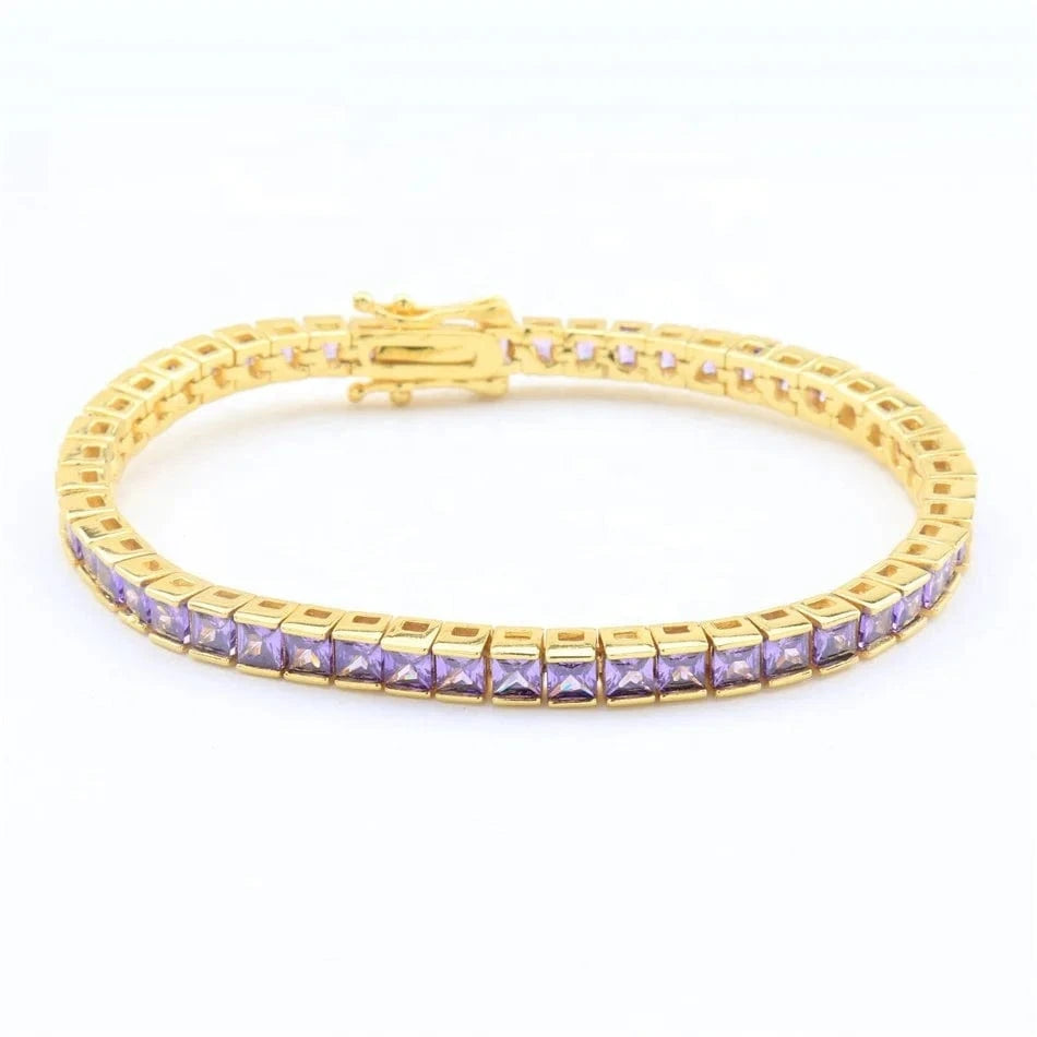 17cm / Purple Women Luxury 5A Cubic CZ Zircon Dubai Gold Plated Diamond Jewelry Tennis Bracelet Bangles FineJewelry Tennis Chain Bracelets