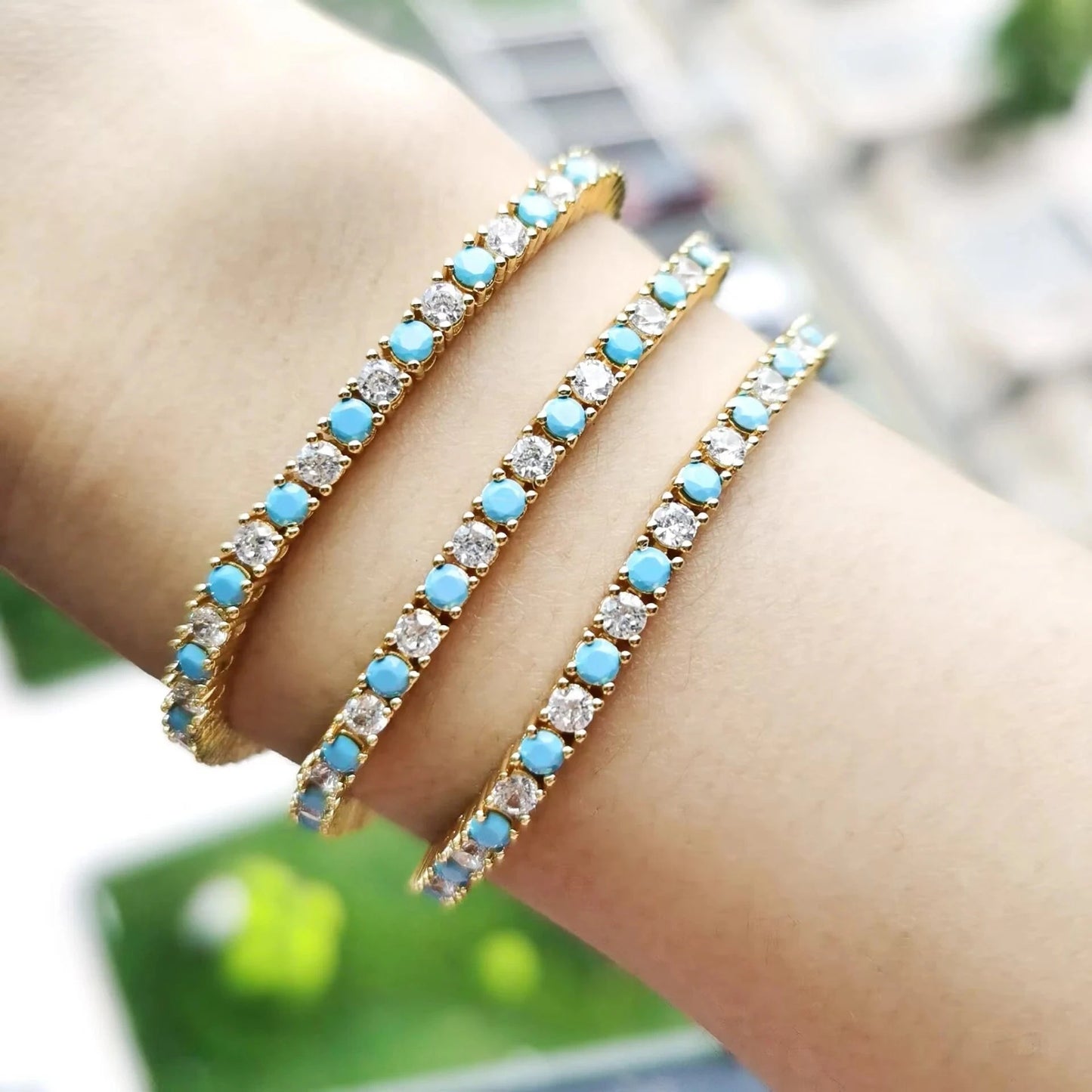 17cm / YB28-Gold 2023 Summer Hot Selling Gold Plated White Turquoise Zircon Stone Tennis Chain Bracelet Women Girl Fashion Jewelry