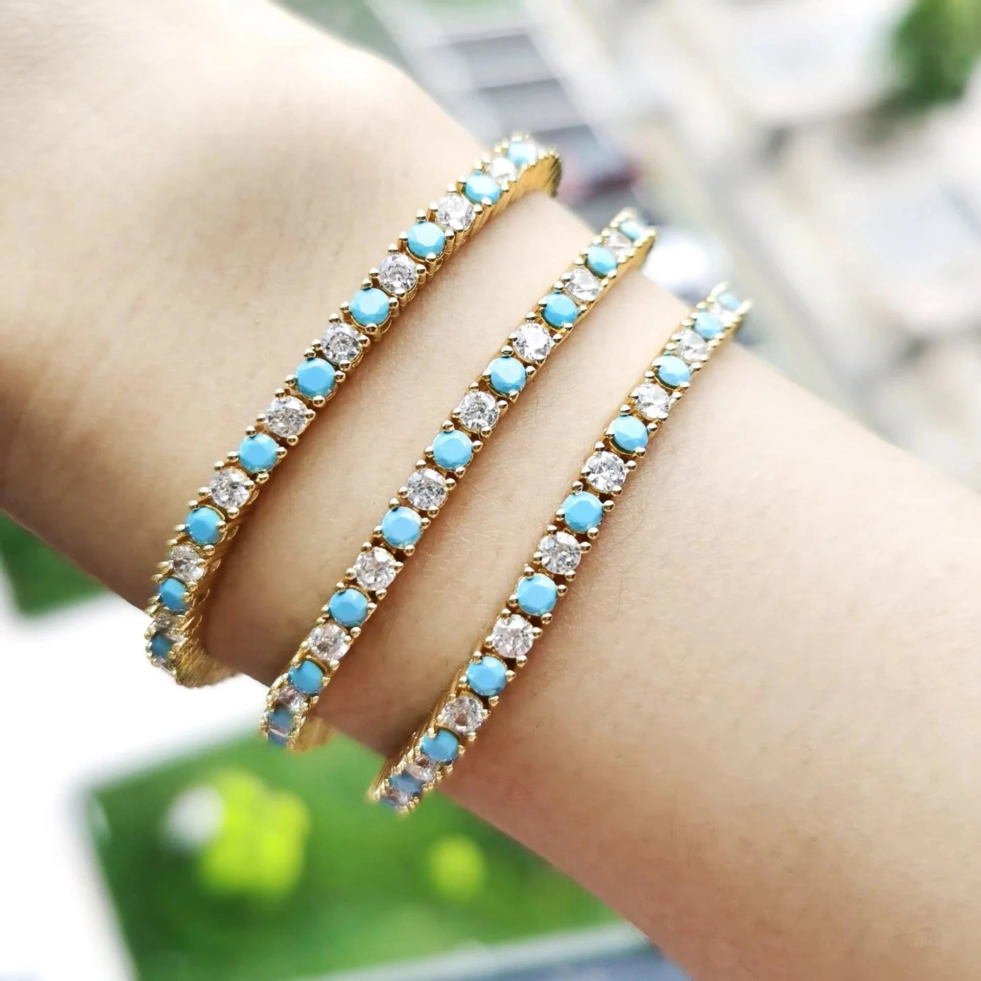 17cm / YB28-Gold 2023 Summer Hot Selling Gold Plated White Turquoise Zircon Stone Tennis Chain Bracelet Women Girl Fashion Jewelry