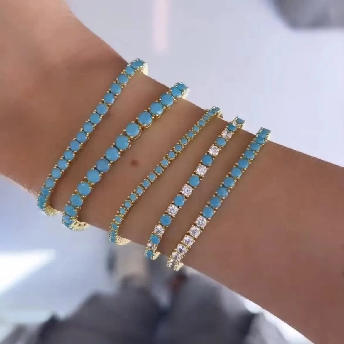 17cm / YB28-Gold 2023 Summer Hot Selling Gold Plated White Turquoise Zircon Stone Tennis Chain Bracelet Women Girl Fashion Jewelry