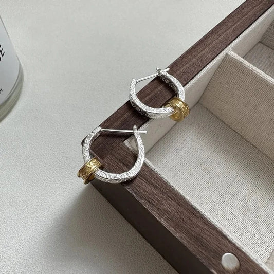 17mm / silver Vintage Round Tang Grass Pattern Silver Gold Hoop Earrings For Women 925 Sterling Silver Jewelry