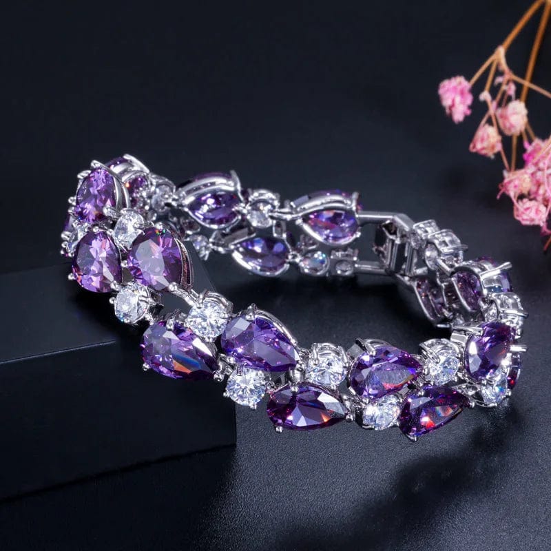 18.2 cm / Purple-S0007-Yin-Zi My Mona Lisa Cubic Zircon Jewelry Brass Silver Color Red Black Purple Big Tear Drop CZ Stone Luxury Bridal Bracelet for Women