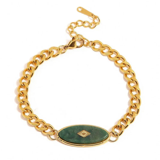 18.5cm / BR1015 BR1015 Retro 18k Gold Plated Stainless Steel Bracelets Jewelry Waterproof Cuban Chain Natural Jade Bracelet for Girls