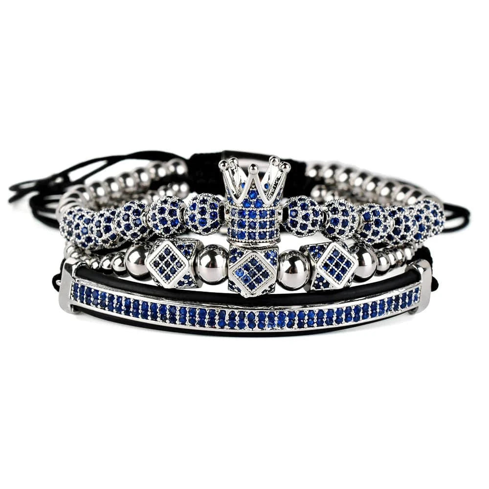 18.5cm / silver F274 Bangles Sets Gold Crown Men For Cz Copper Bead Charm Bracelet Custom Mens Blue Zircon Handmade Jewelry Bracelets