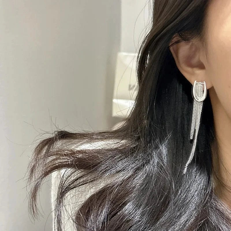 18.7*11.8MM / YB-A4376 silver Long Chain Tassel 925 Sterling Silver U Shape Women Stud Earrings For Girls Gifts Jewelry