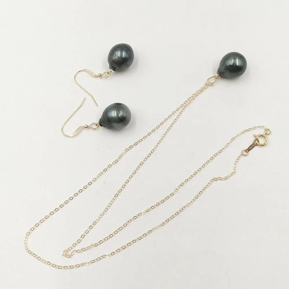 18 Inch 14K gold filled natural tahitian pearl jewelry set with earring+necklace ,baroque pearl sea salt pearl nature black