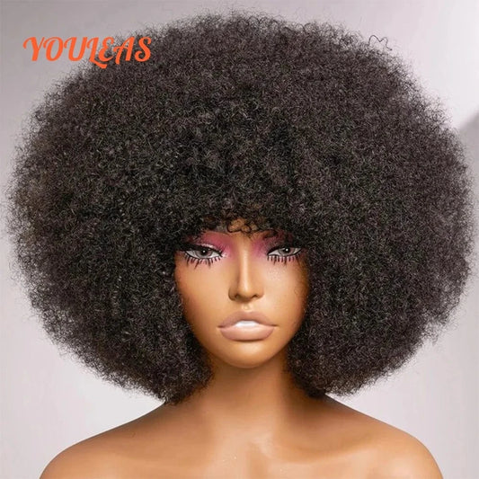 180% / 12inches Afro Kinky Curly Wigs Human Hair Wigs With Bangs Full Machine Wigs Short Wigs For Woman Natural Color Curly Wigs Ready To Wear