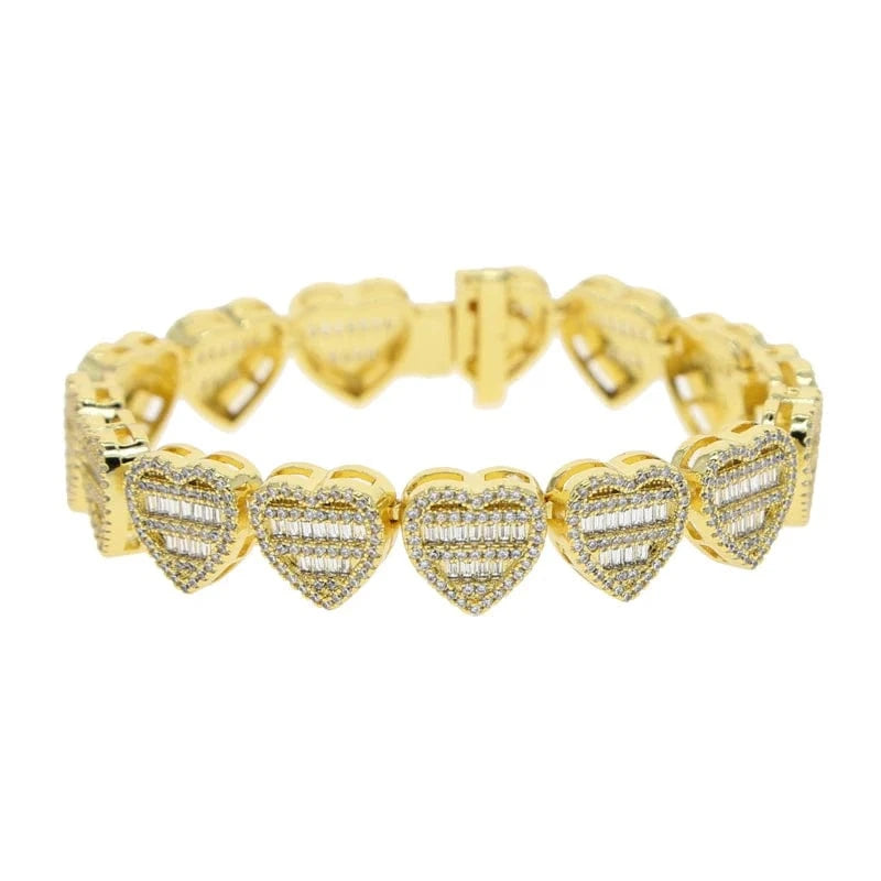 18cm / B378-Gold Cluster Heart Shape Zircon Tennis Bracelet Micro Pave 5A CZ Bling Silver Gold Plated Luxury Fashion Women Men's Jewelry