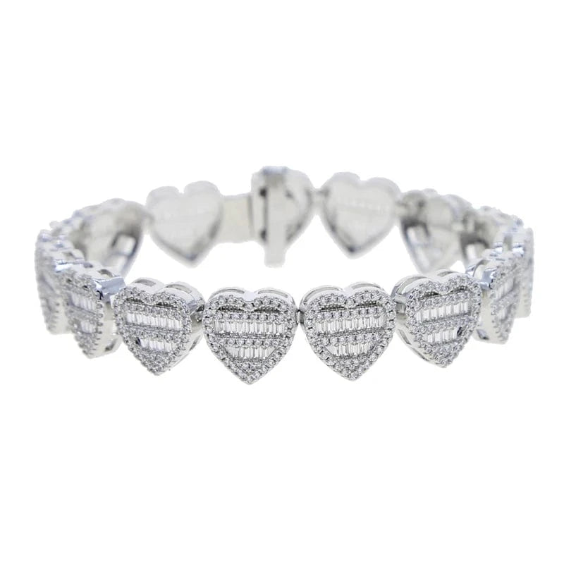 18cm / B378-Silver Cluster Heart Shape Zircon Tennis Bracelet Micro Pave 5A CZ Bling Silver Gold Plated Luxury Fashion Women Men's Jewelry