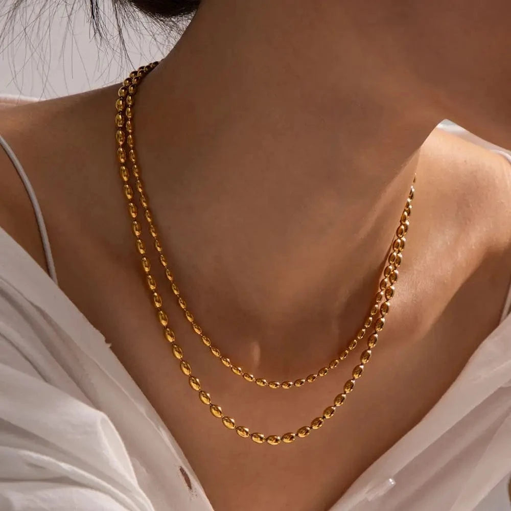 18inches / N2193 N2193 Jewelry Waterproof 18K Gold Plated Stainless Steel Double Layer Oval Bead Chain Necklace for Women
