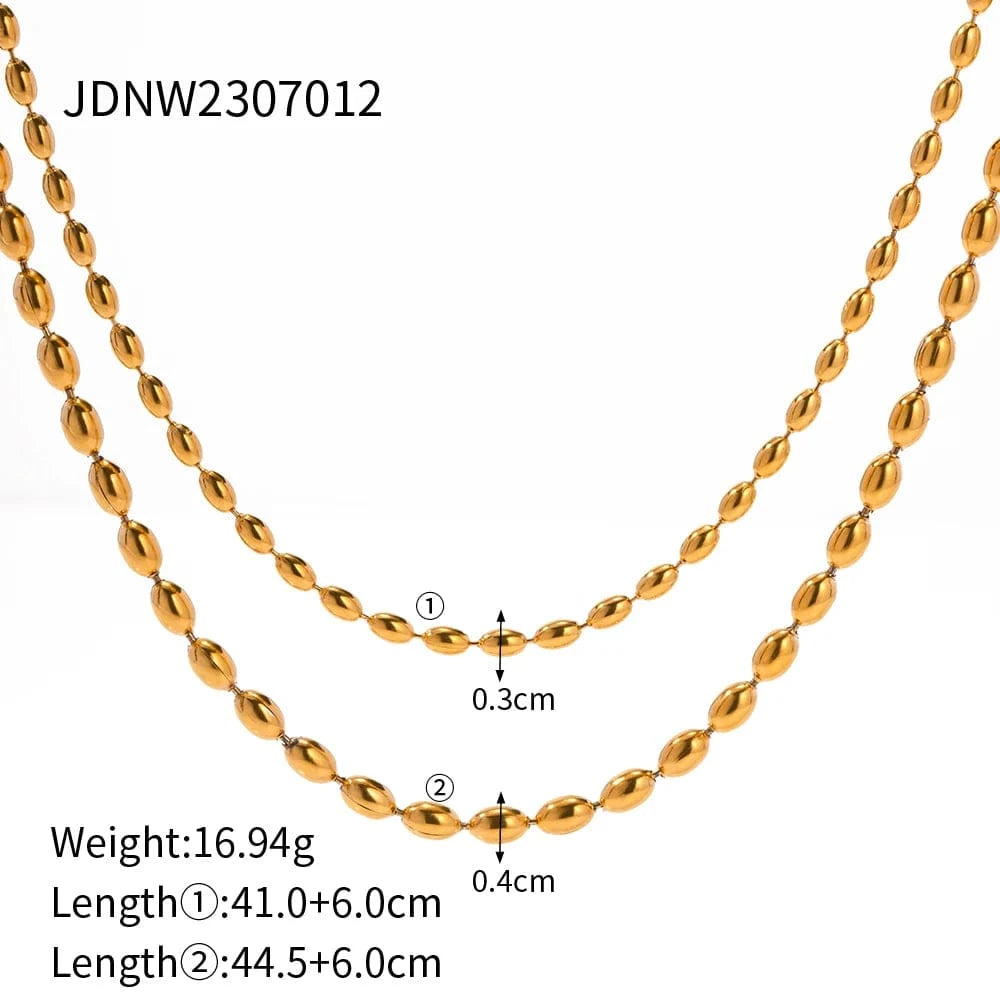 18inches / N2193 N2193 Jewelry Waterproof 18K Gold Plated Stainless Steel Double Layer Oval Bead Chain Necklace for Women