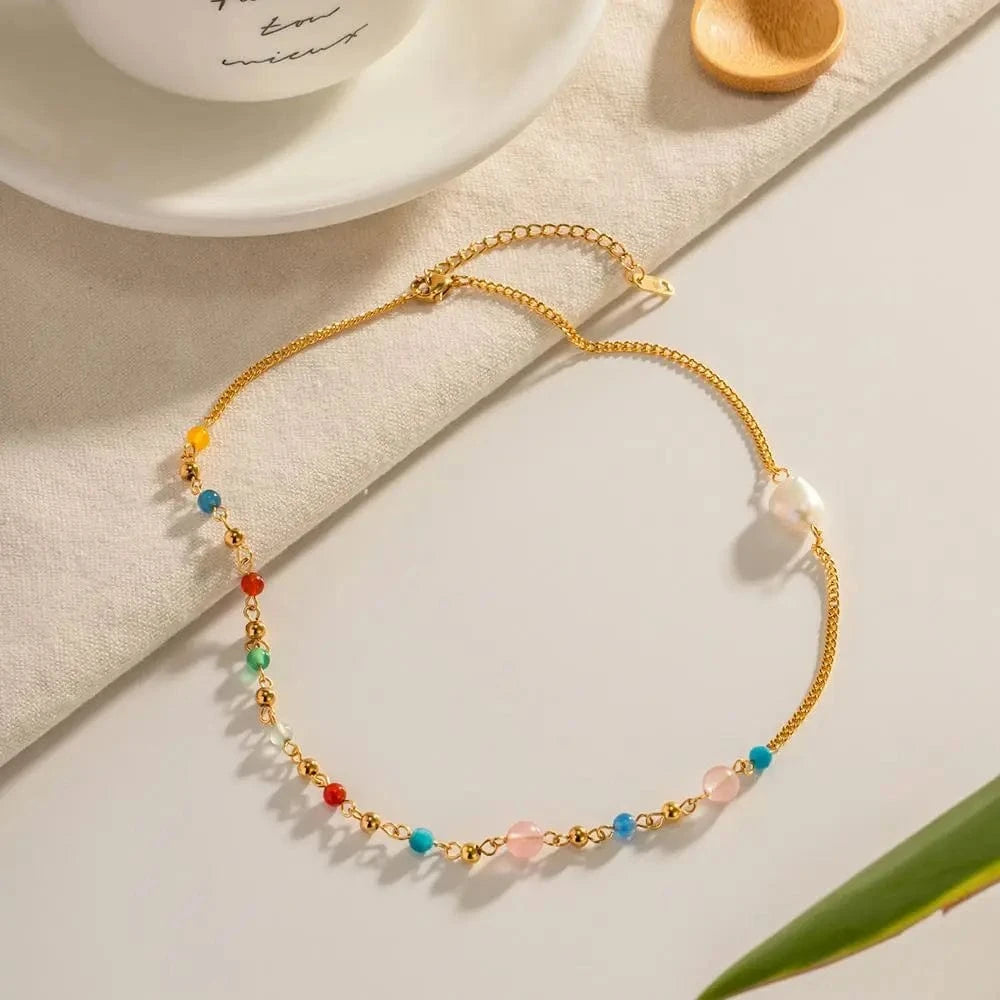 18inches / N2320 N2320 18K Gold Plated Stainless Steel Jewelry Gift Candy Color Natural Stone Freshwater Pearl Choker Necklace