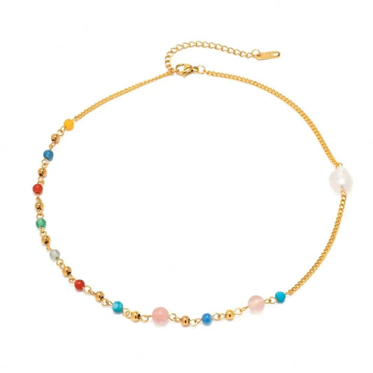18inches / N2320 N2320 18K Gold Plated Stainless Steel Jewelry Gift Candy Color Natural Stone Freshwater Pearl Choker Necklace