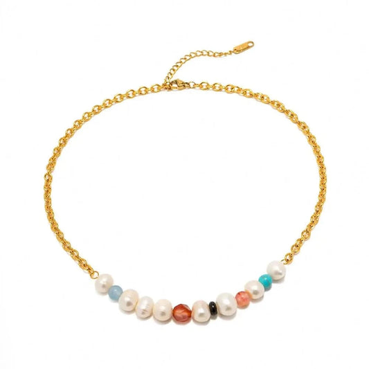 18inches / N2321 N2321 18K Gold Plated Stainless Steel Jewelry Gift Splicing Natural Stone Pearl Colorful Choker Necklace