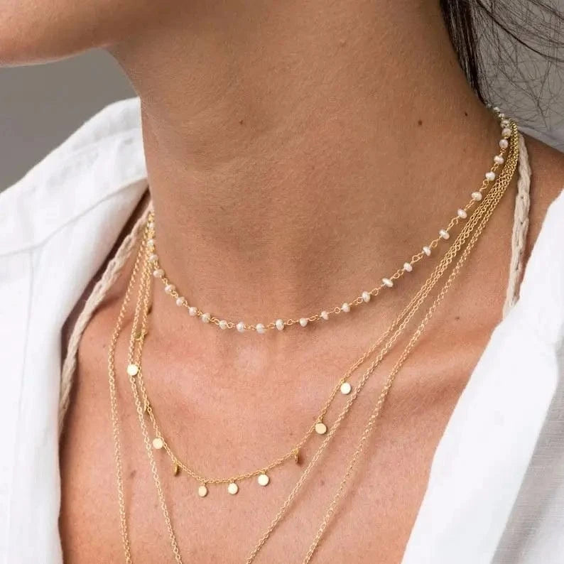 18inches / N2331 N2331 New Trendy 18K Gold Plated Stainless Steel Jewelry  Waterproof Retro Pearl Choker Necklace for Women