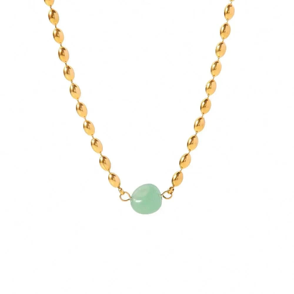18inches / N2427 N2427 Stainless Steel 18K Gold Plated Jewelry Green Natural Stone Oval Golden Bead Necklace for Women