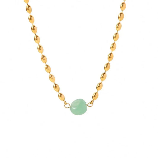 18inches / N2427 N2427 Stainless Steel 18K Gold Plated Jewelry Green Natural Stone Oval Golden Bead Necklace for Women