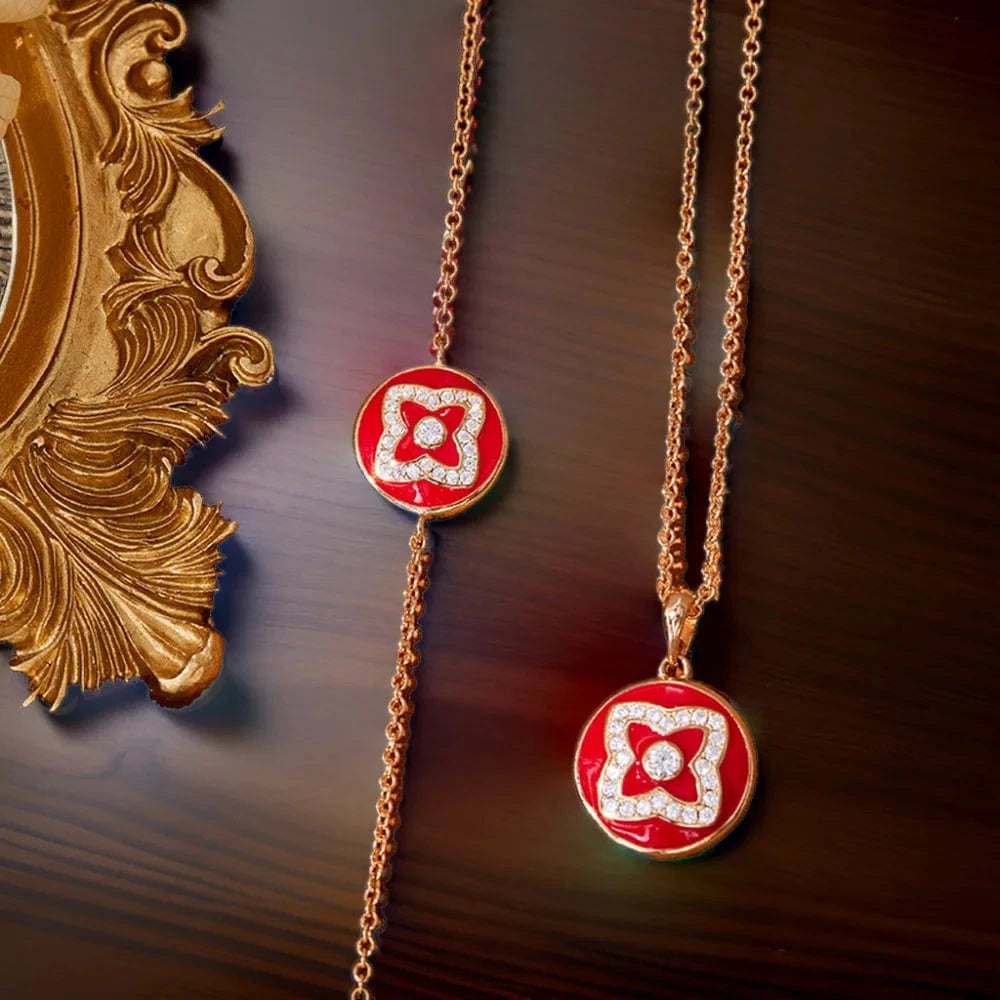18inches / necklace round Red Enameled Lotus Pendant Necklace Adjustable 925 Silver Gold-Plated Rose Gold Stone Gift Jewelry