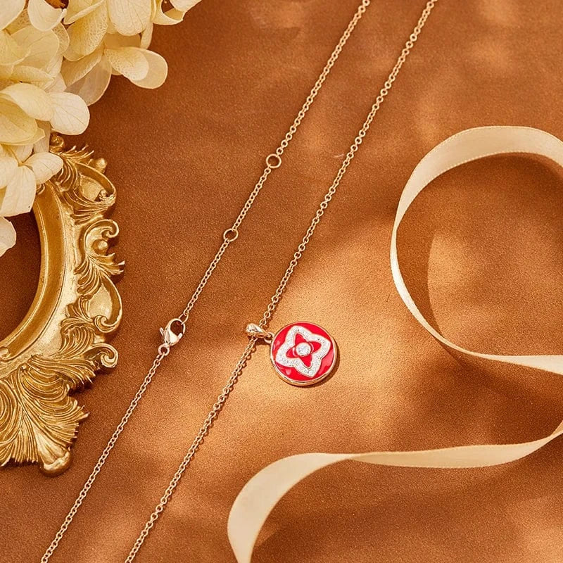 18inches / necklace round Red Enameled Lotus Pendant Necklace Adjustable 925 Silver Gold-Plated Rose Gold Stone Gift Jewelry