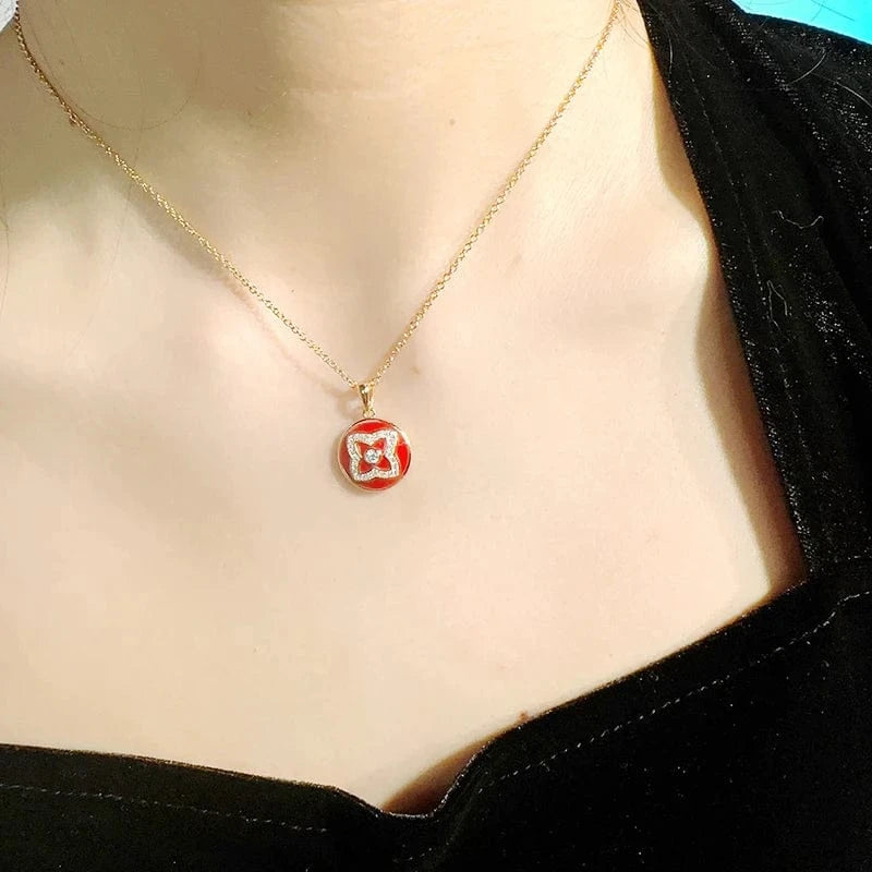 18inches / necklace round Red Enameled Lotus Pendant Necklace Adjustable 925 Silver Gold-Plated Rose Gold Stone Gift Jewelry