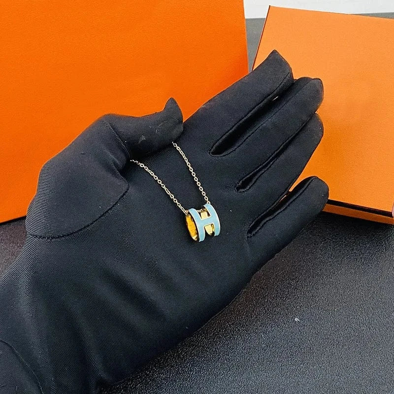 18inches / Rose Gold+Sky blue Wholesale Newest 2022 Trendy Gold initial H Letter Titanium Steel Pendant Necklace Female Fashion Stainless Steel Jewelry