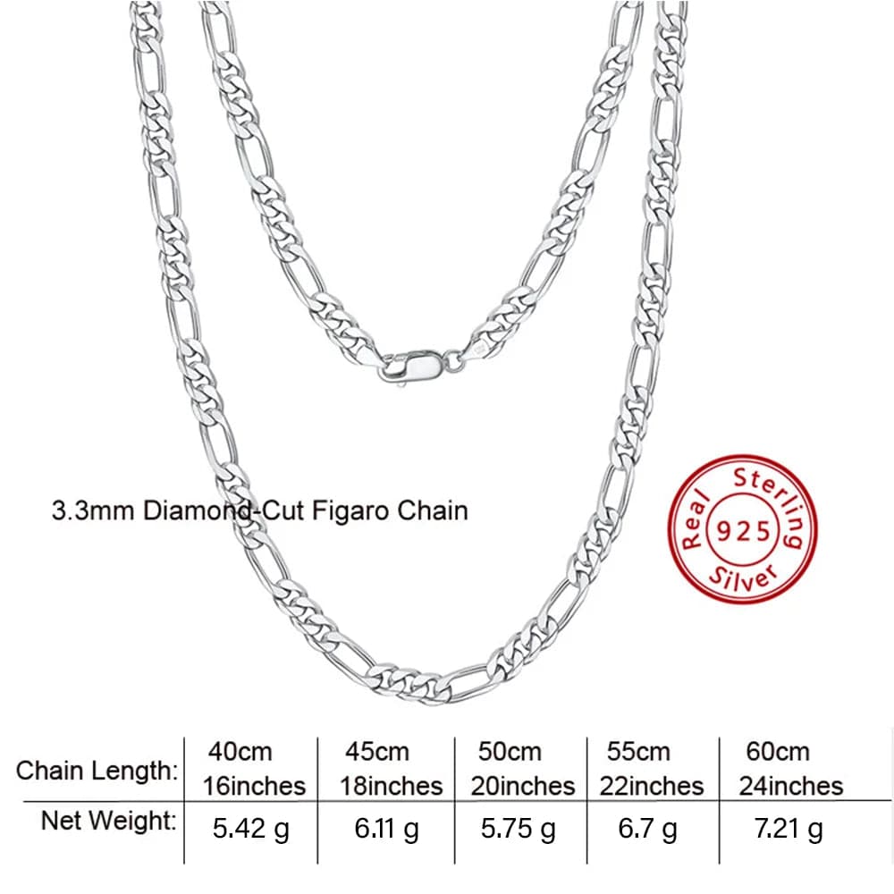 18inches / SC34-P-3.3 RINNTIN SC34 Fine Jewelry 925 Sterling Silver Diamond-Cut Figaro Chain Necklace For Men Women