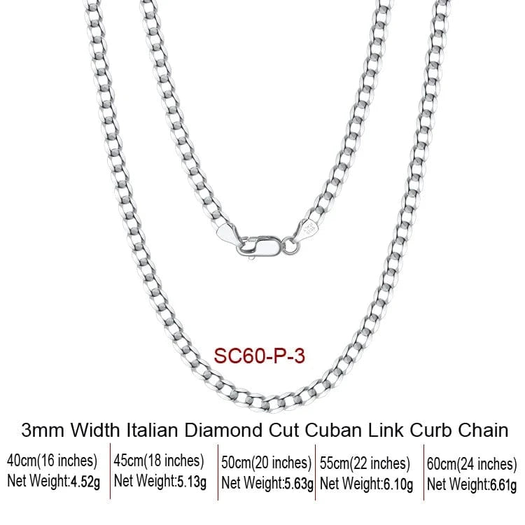 18inches / SC60-P-3 RINNTIN SC60 925 Sterling Silver Italian Diamond Cut Cuban Link Curb Chain Necklace For Women Men Fine Jewelry